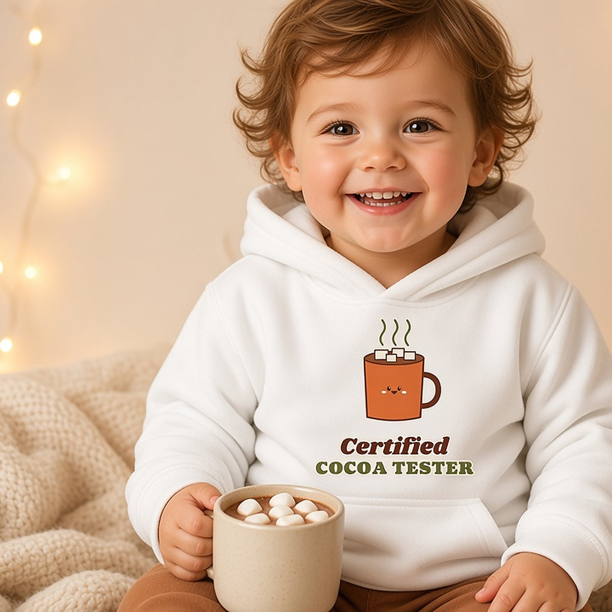 Toddler holding hot cocoa in the Certified Cocoa Tester hoodie