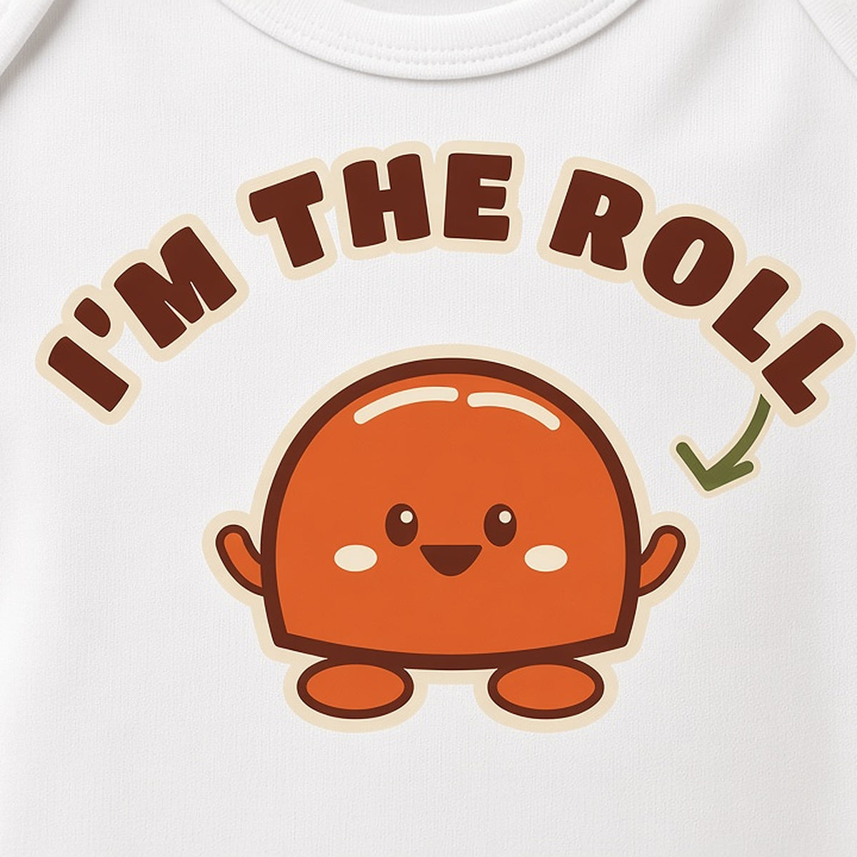 Close-up of the I'm the Roll dinner roll character print on a white baby bodysuit