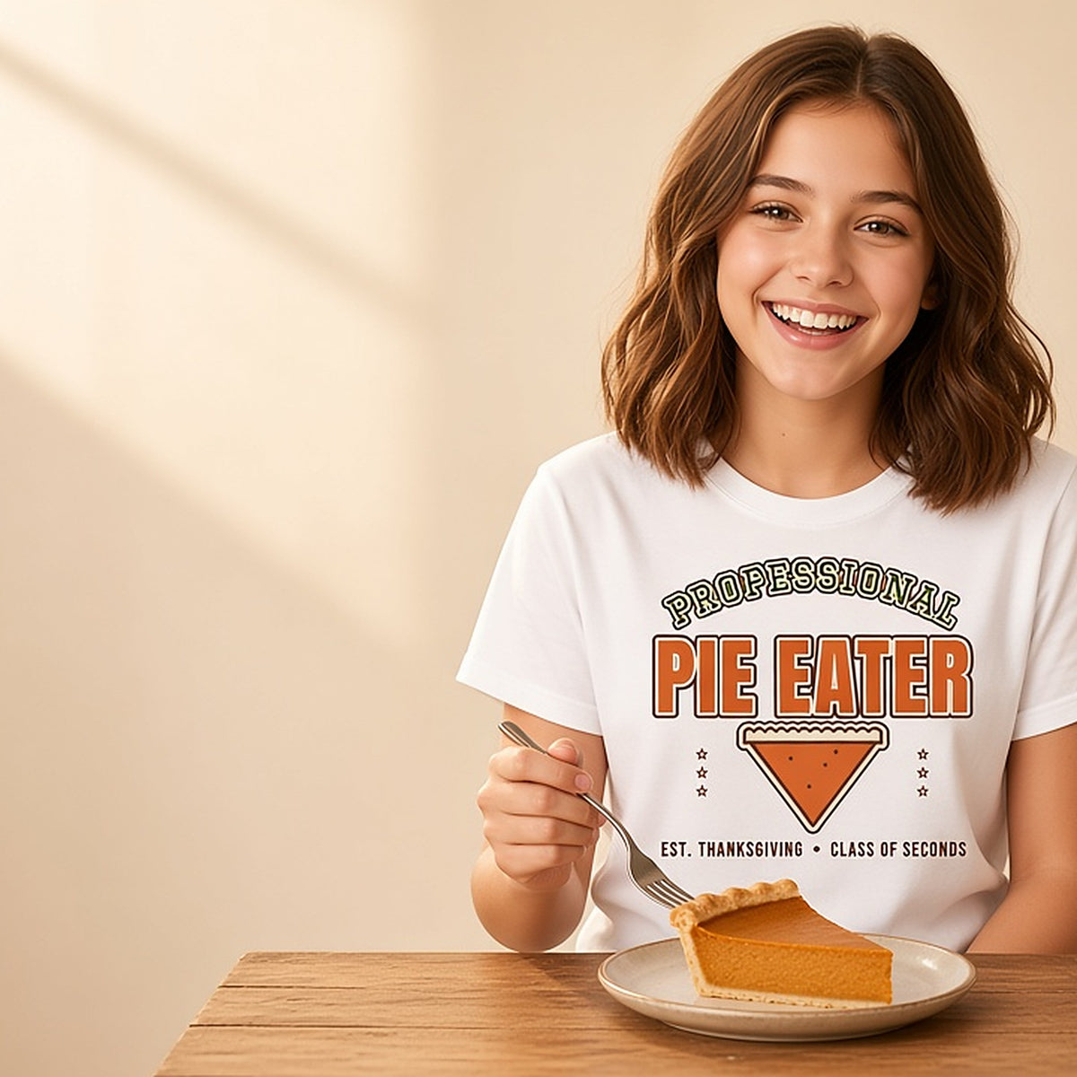 Girl in the Professional Pie Eater kids Thanksgiving shirt with a slice of pumpkin pie