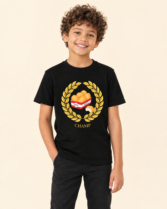 Kid wearing black Chicken Nugget Champ organic cotton kids t-shirt, funny kids graphic tee