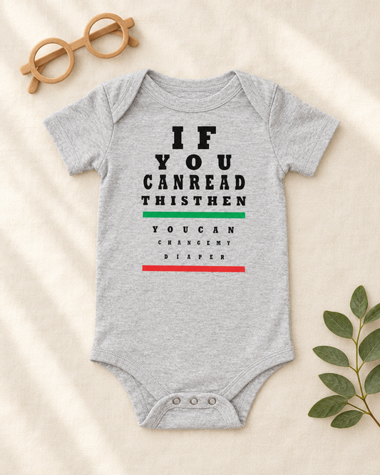 If You Can Read This Eye Chart Baby Bodysuit in heather grey, flat lay - cute baby bodysuit gift idea, Cartsy