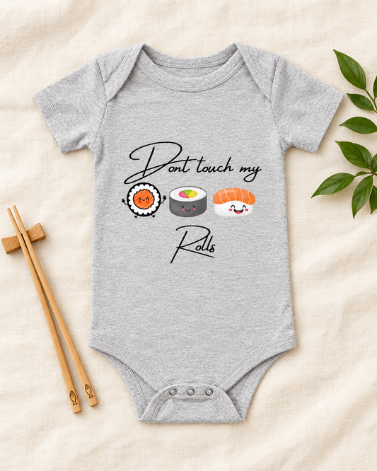 Don't Touch My Rolls Sushi Baby Bodysuit in heather grey, flat lay - cute baby bodysuit gift idea, Cartsy