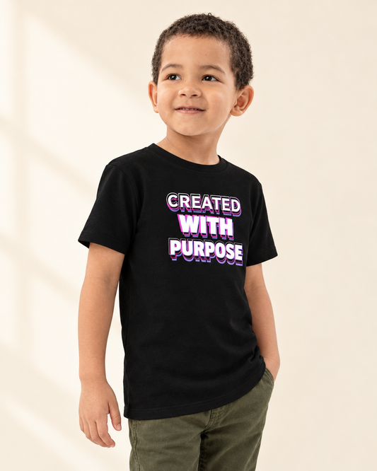 Kid wearing black Created with Purpose Kids Organic Christian T-Shirt - funny kids t-shirt with cute graphic, Cartsy