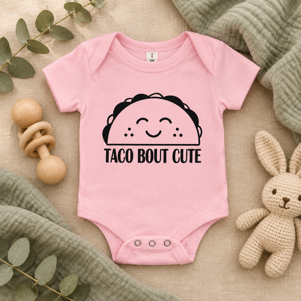 Taco 'Bout Cute Baby Bodysuit in Pink, folded flat lay - Cartsy