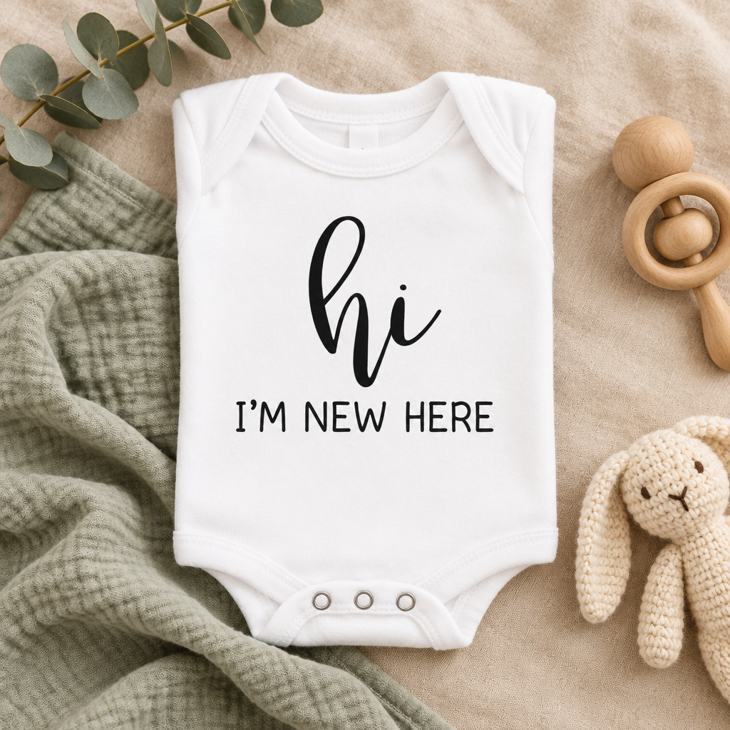 Hi I'm New Here Newborn Baby Bodysuit in White, folded flat lay - Cartsy