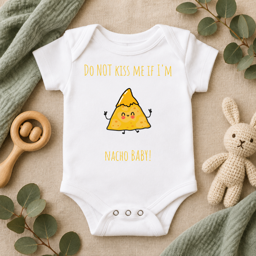Do Not Kiss Me If I'm Nacho Baby Bodysuit in White, folded flat lay - Cartsy