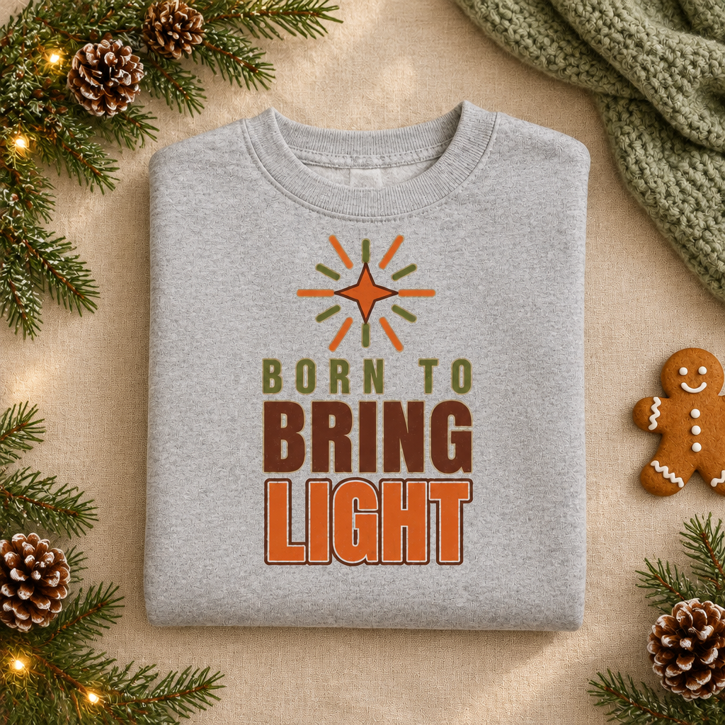 Modern Christian Kids Sweatshirt: Born to Bring Light Bold in Sport Grey, folded flat lay - Cartsy