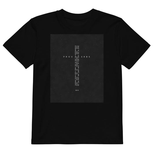 Proverbs Cross Kids Organic Christian T-Shirt in black, front view - Proverbs 3:5-6 Trust in the Lord verse cross, Cartsy