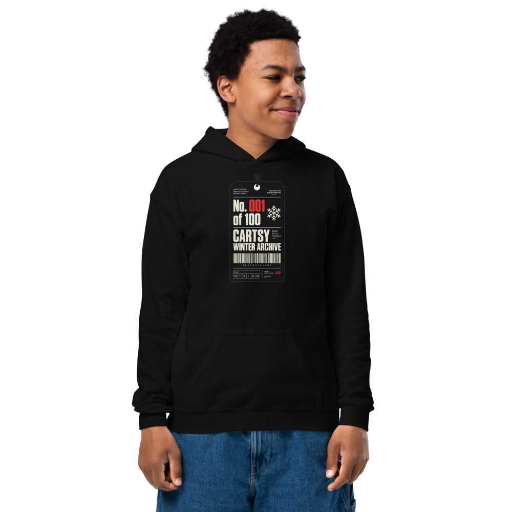 Cartsy Winter Archive No. 001 Kids Hoodie in Black (front view)