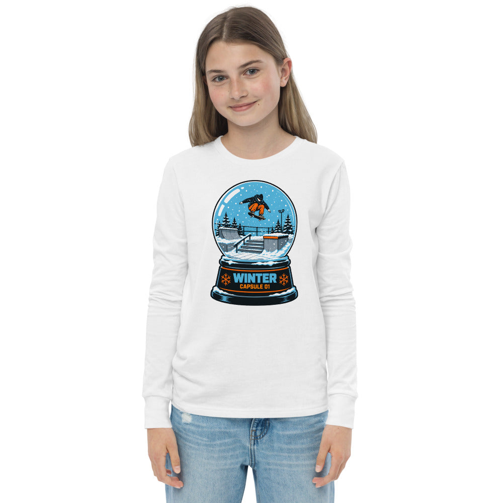 Snow Globe Capsule Kids Long Sleeve Tee in White (front view)