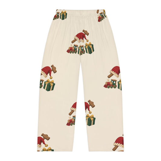 North Pole Workshop adult Christmas lounge pants, cream with elf and gift print flat lay, back view