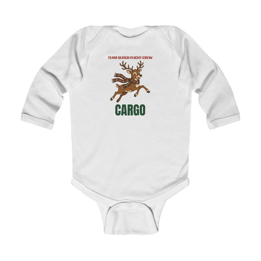 Team Sleigh Cargo baby long sleeve Christmas bodysuit in white flat lay, front view