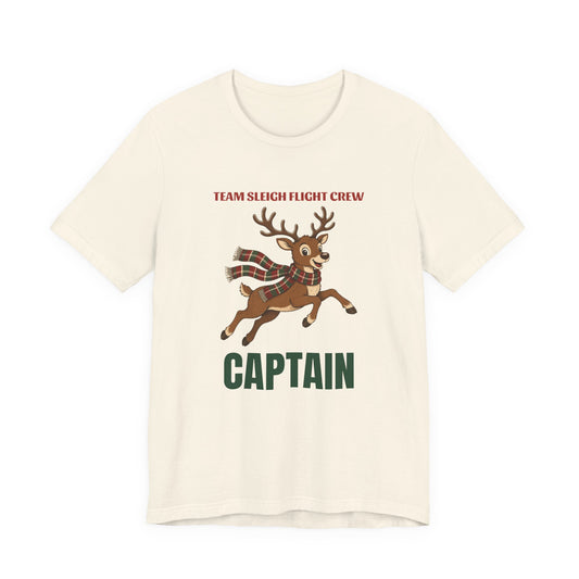 Team Sleigh Captain adult Christmas tee in natural flat lay, front view