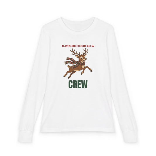 Team Sleigh Crew kids long sleeve Christmas lounge tee in white flat lay, front view