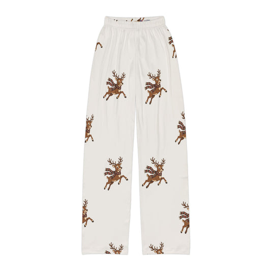 Team Sleigh kids Christmas lounge pants, reindeer print flat lay, front view