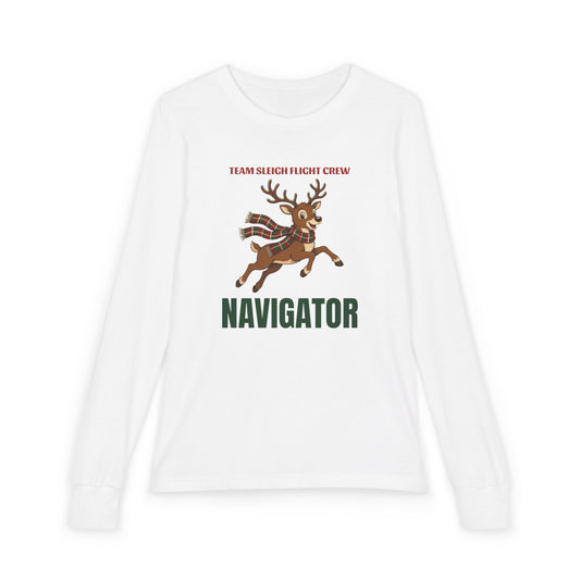 Team Sleigh Navigator kids long sleeve Christmas lounge tee in white flat lay, front view