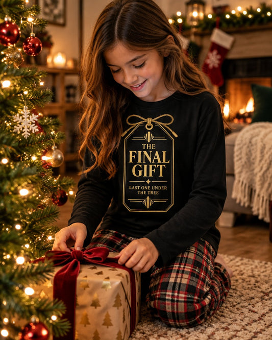 Girl wearing the black The Final Gift kids long sleeve tee with a gold gift tag graphic