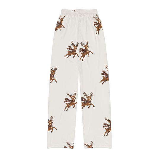 Team Sleigh kids Christmas lounge pants, reindeer print flat lay, back view