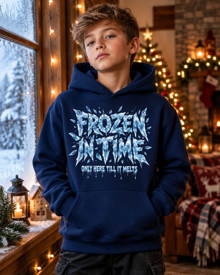 Boy wearing the navy Frozen in Time kids hoodie with icy ice-lettering graphic