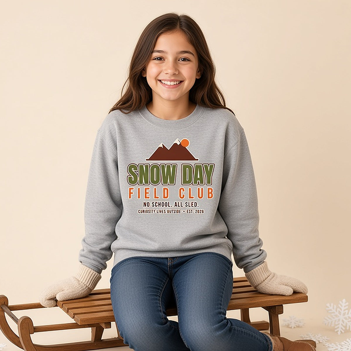 Girl on a wooden sled in the grey bold Snow Day Field Club crewneck