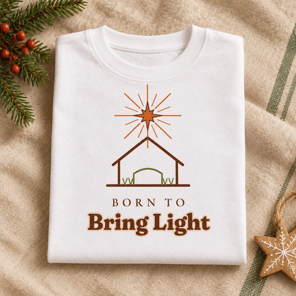 Born to Bring Light Toddler Christmas Shirt: Faith Tee folded print detail