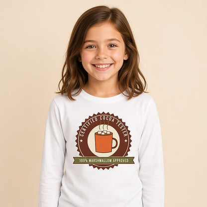 Girl in the white Certified Cocoa Tester seal kids long sleeve tee