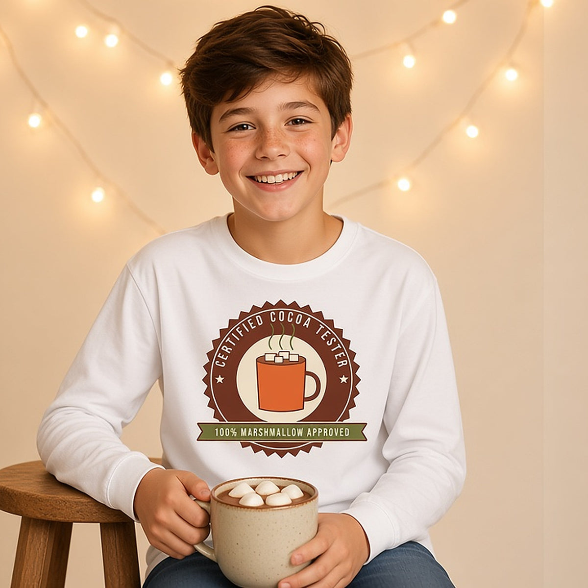 Boy holding a mug of cocoa in the Certified Cocoa Tester long sleeve tee