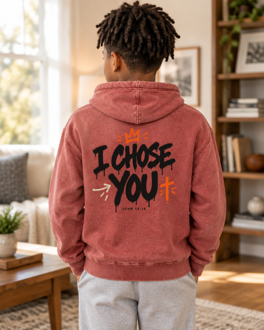 Kid wearing the Cartsy Chosen "I Chose You" washed crimson Christian hoodie