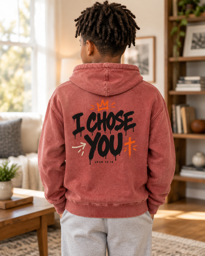 Kid wearing the Cartsy Chosen "I Chose You" washed crimson Christian hoodie