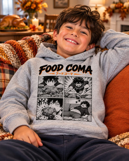 Kid wearing the Sport Grey Food Coma anime kids Thanksgiving hoodie with four manga comic panels