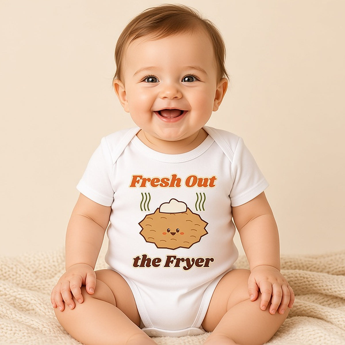 Smiling baby sitting in the white Fresh Out the Fryer latke Hanukkah bodysuit