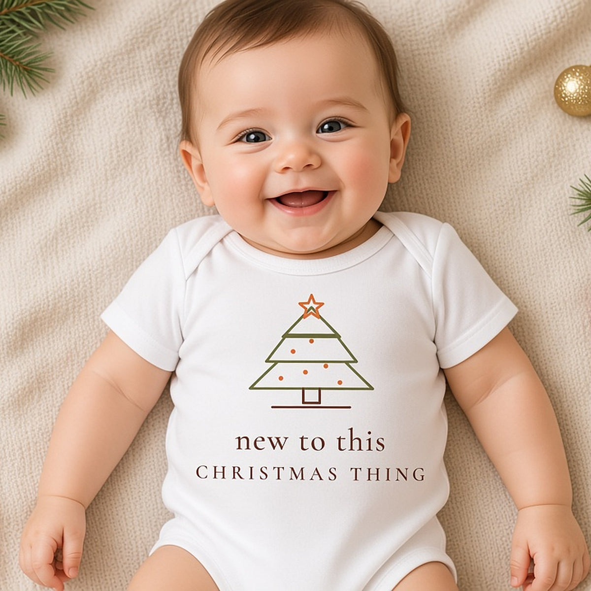 Baby in the white New to This Christmas Thing fine-line Christmas tree bodysuit