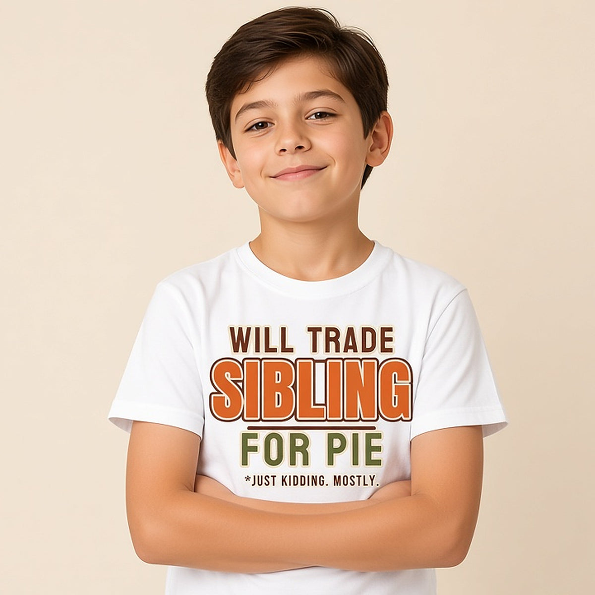 Will Trade Sibling for Pie funny kids Thanksgiving tee in bold type