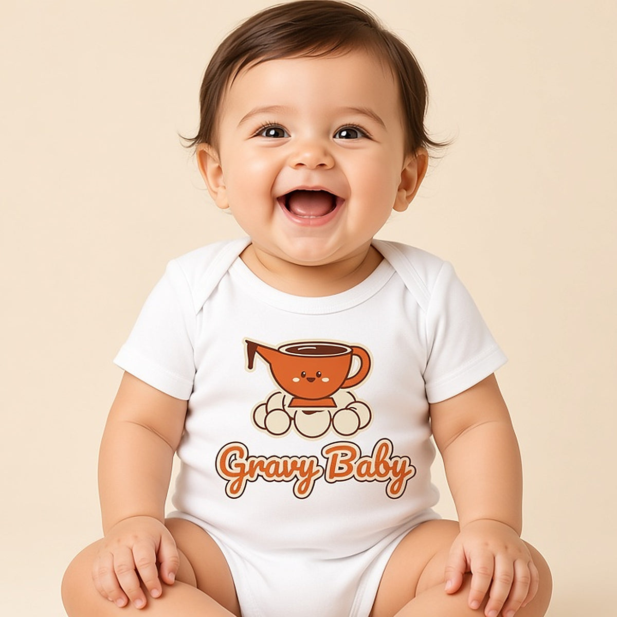 Laughing baby sitting in the white Gravy Baby funny Thanksgiving bodysuit