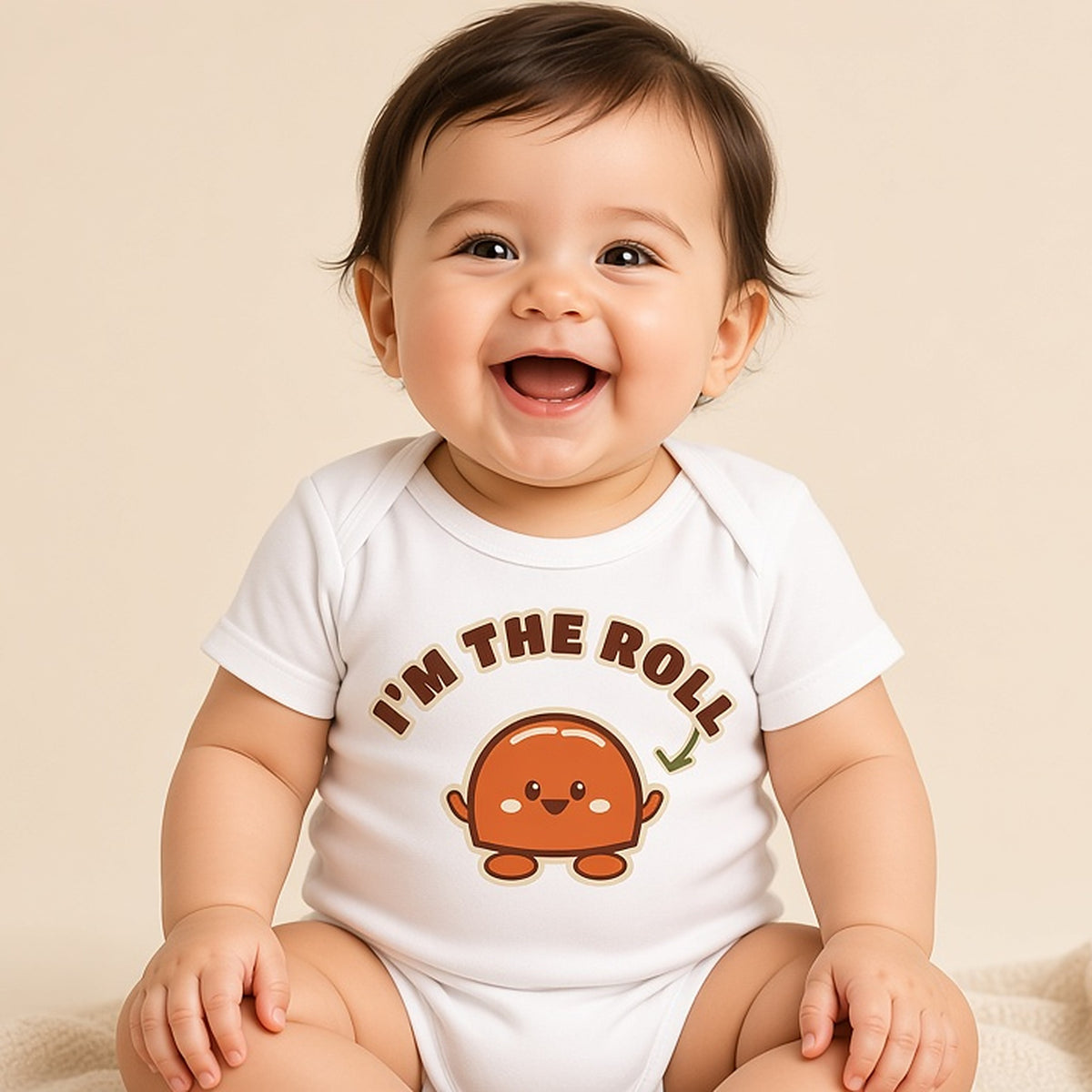 Giggling baby sitting in the white I'm the Roll funny Thanksgiving bodysuit