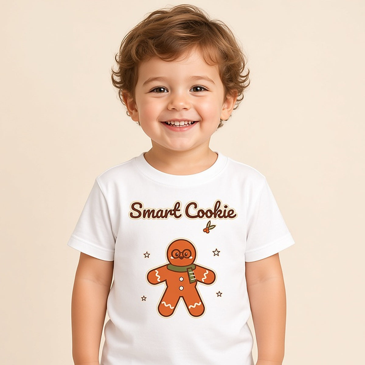 Toddler in a white Smart Cookie gingerbread Christmas tee