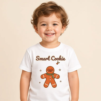 Toddler in a white Smart Cookie gingerbread Christmas tee