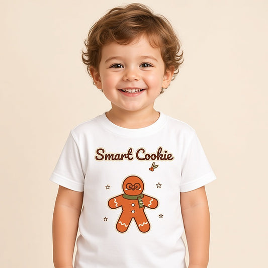 Toddler in a white Smart Cookie gingerbread Christmas tee