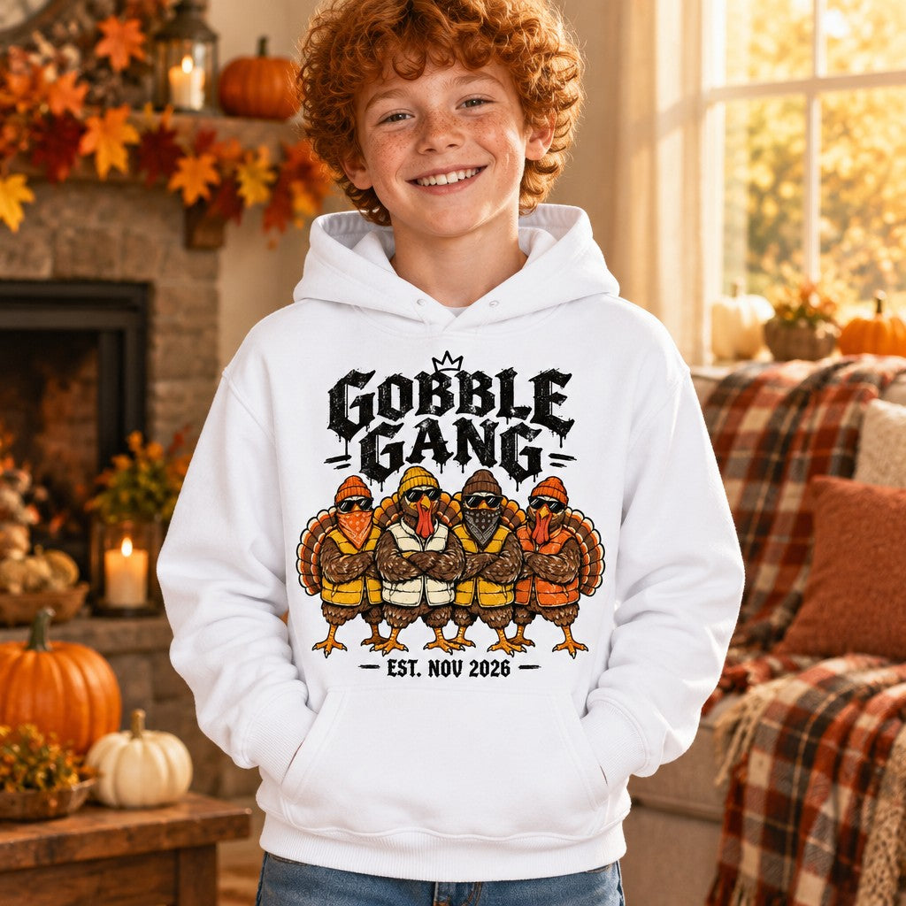 Kid wearing the Gobble Gang kids Thanksgiving hoodie with a crew of cool turkeys in sunglasses