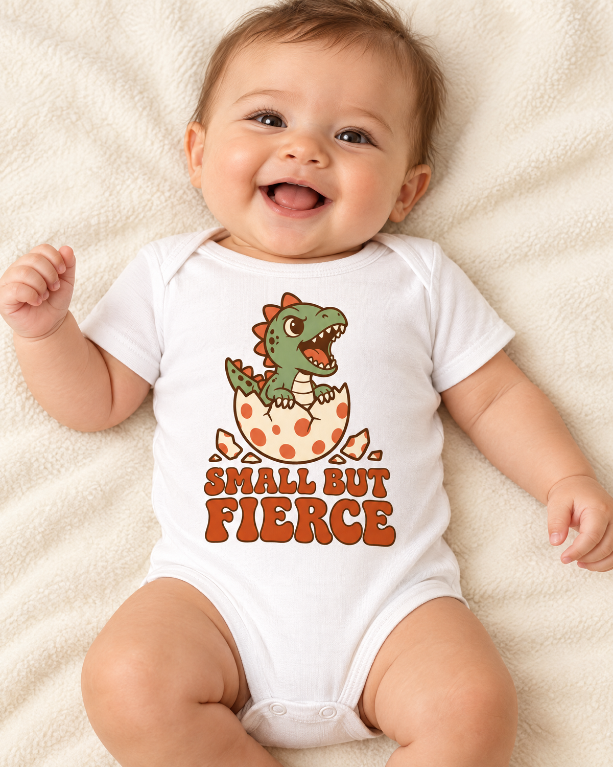 Happy baby lying on a cream blanket in the Small But Fierce dinosaur bodysuit