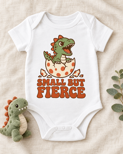 Flat lay of the Small But Fierce baby bodysuit with a plush dinosaur
