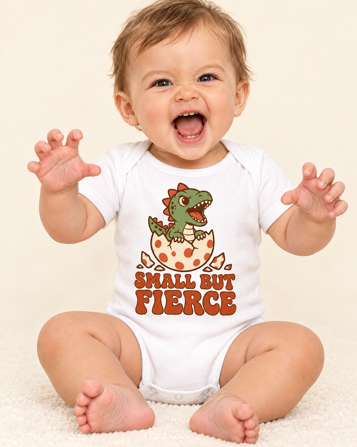 Baby sitting up and roaring in the Small But Fierce bodysuit