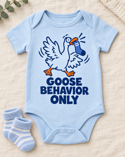 Flat lay of the Goose Behavior Only baby bodysuit with tiny socks