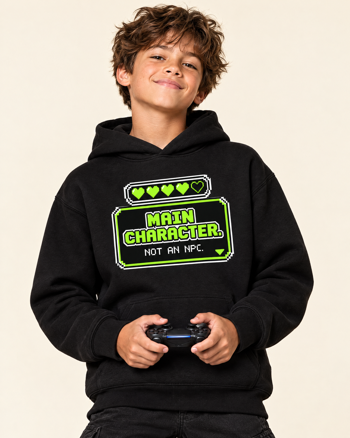 Kid holding a game controller in the Main Character Not an NPC black hoodie