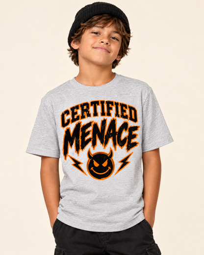 Kid in a heather grey Certified Menace streetwear t-shirt on a cream backdrop