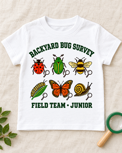 Flat lay of the Backyard Bug Survey toddler shirt with a toy magnifying glass