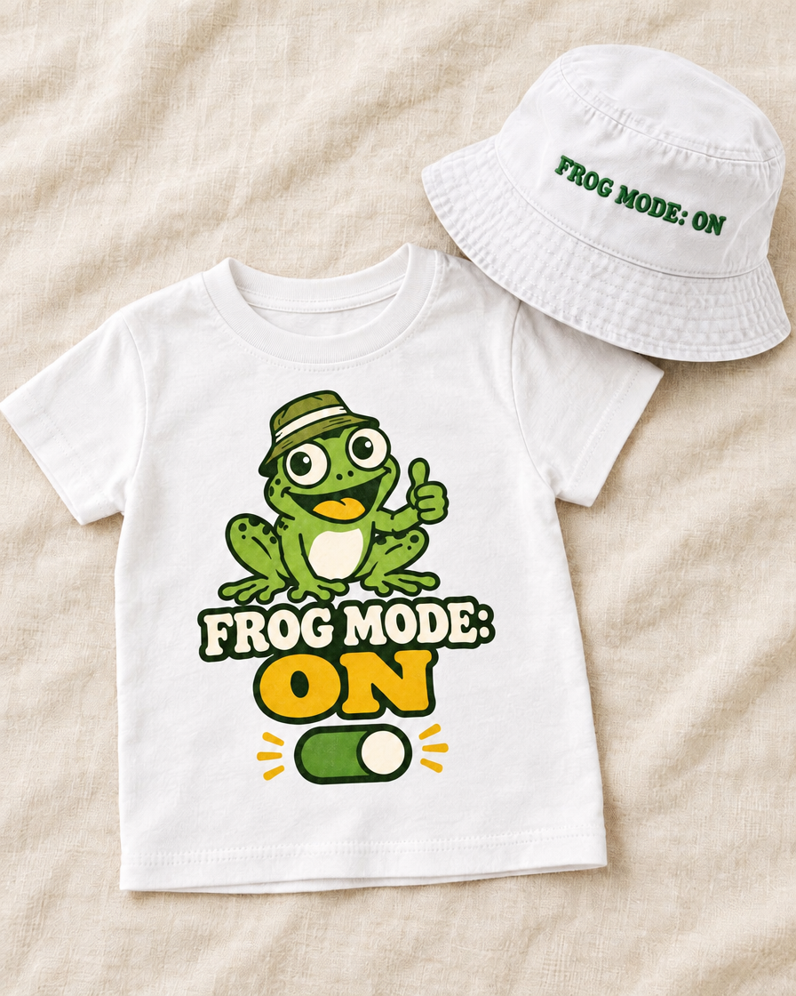 Flat lay of the white Frog Mode ON bucket hat with the matching toddler t-shirt