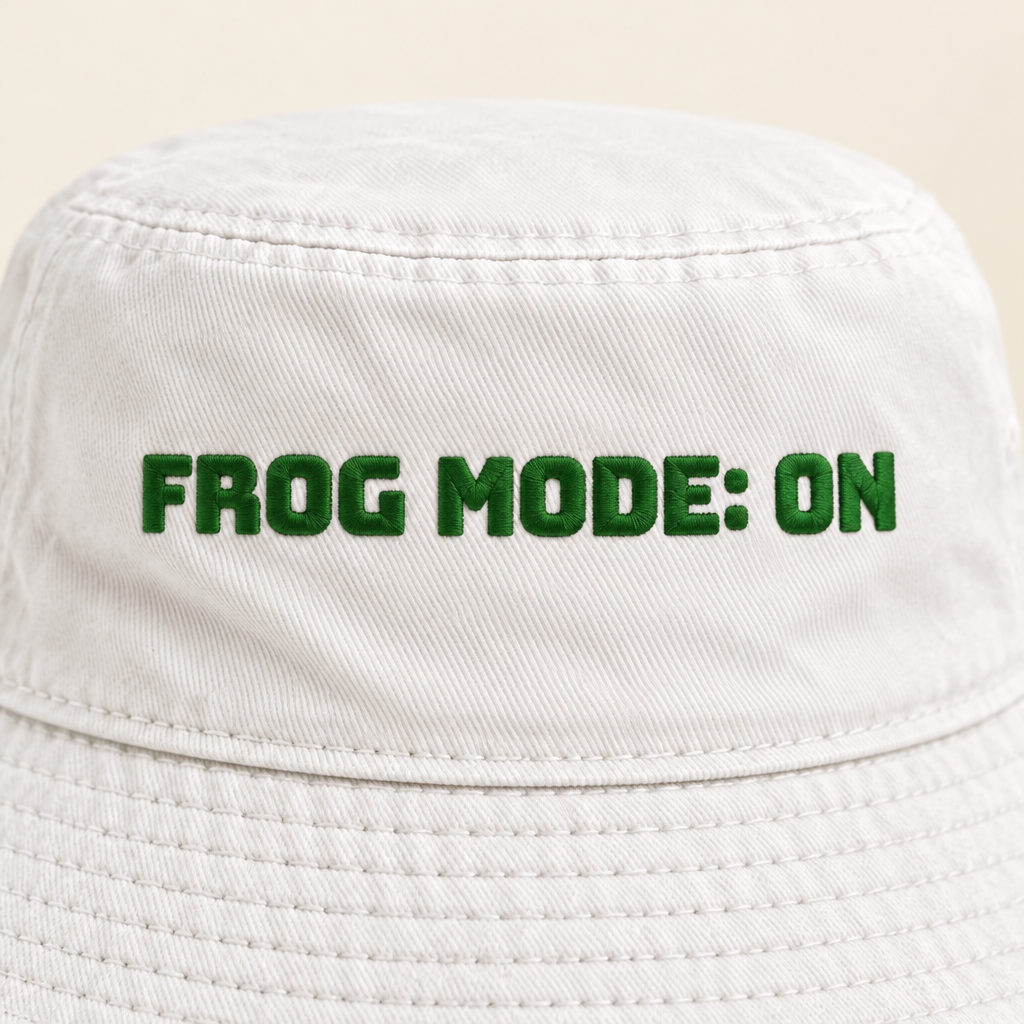 Close-up of Frog Mode ON embroidery in kelly green thread on a white kids bucket hat