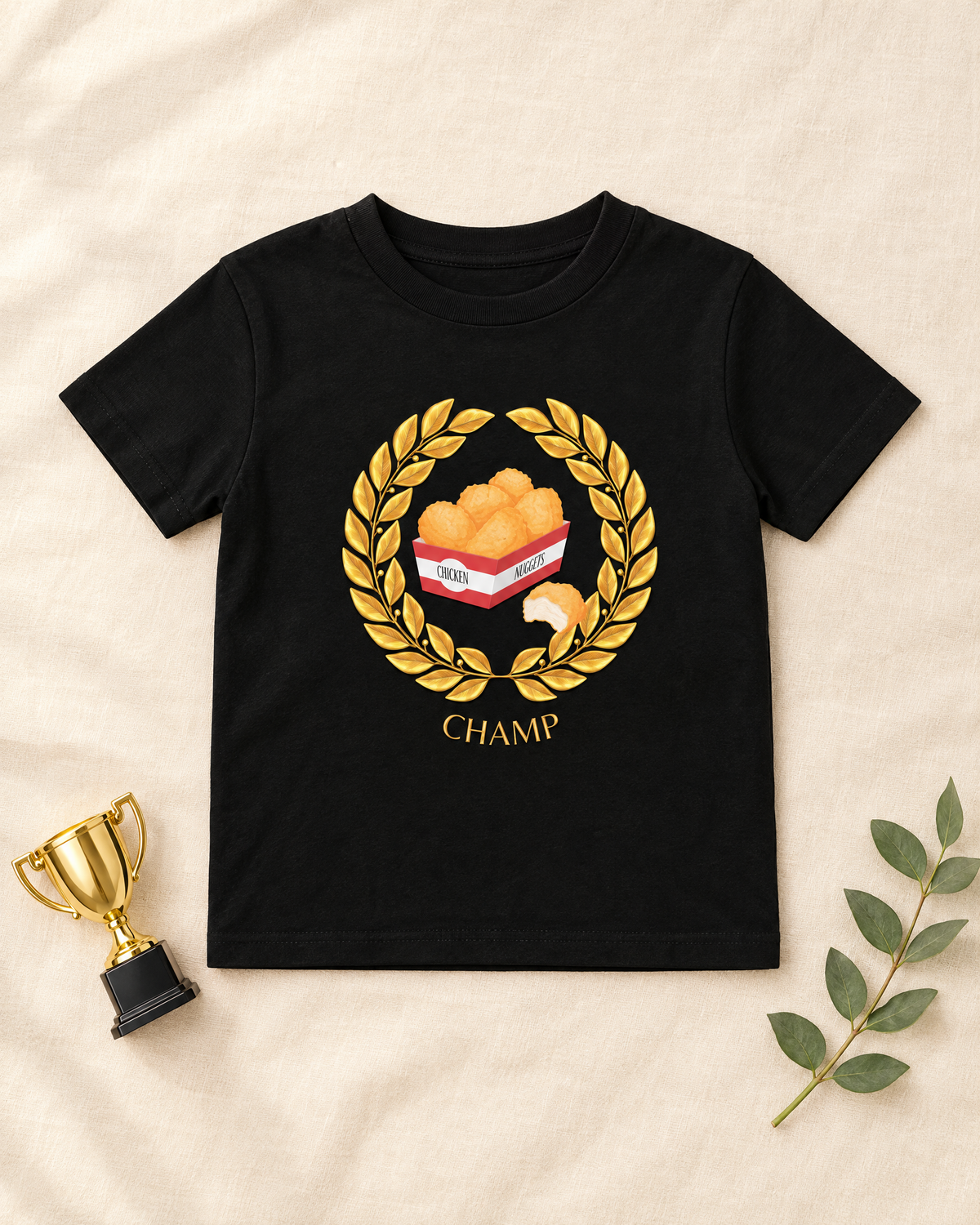 Chicken Nugget Champ black kids t-shirt flat lay, funny chicken nugget shirt for kids