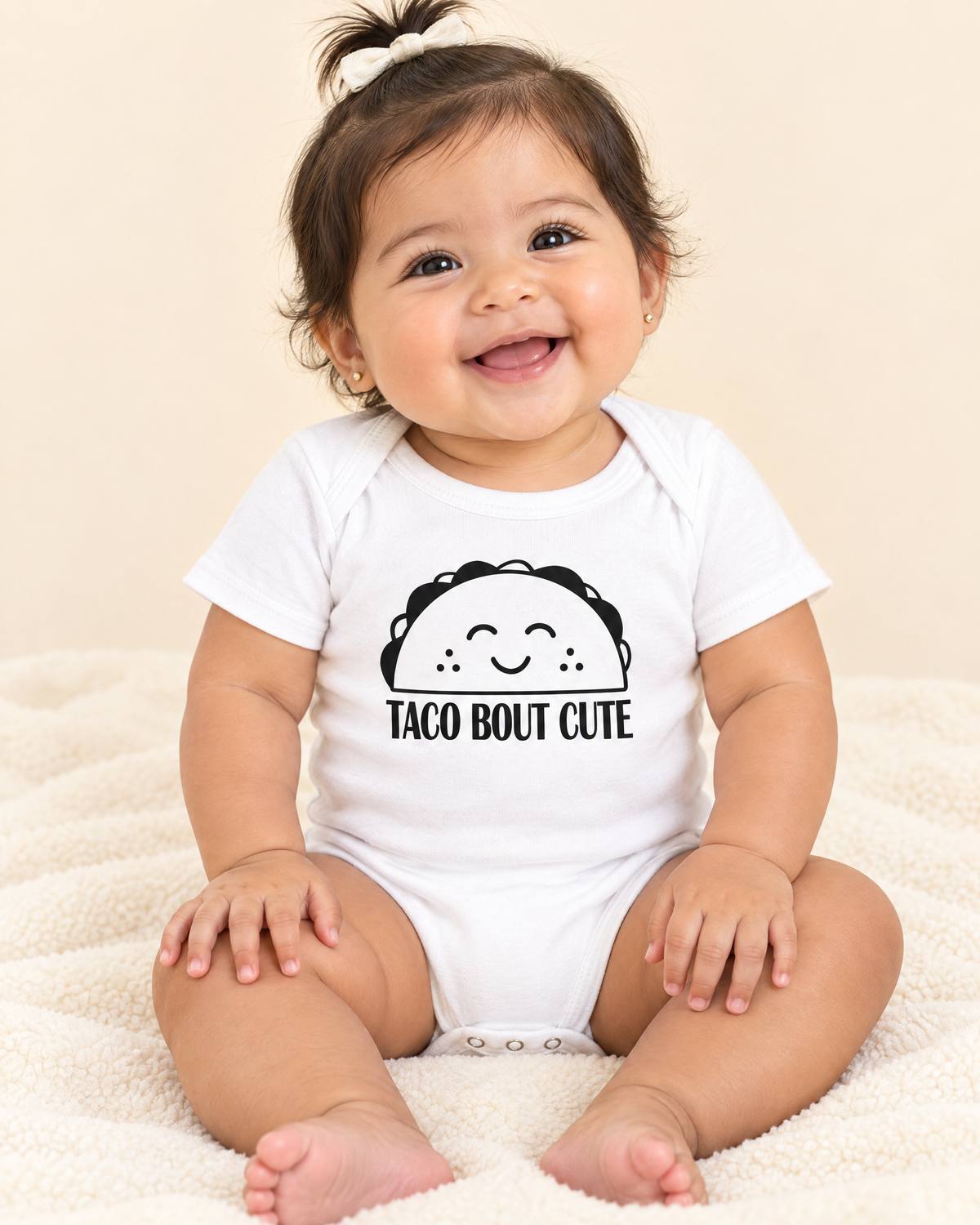 Baby wearing white Taco Bout Cute baby bodysuit, funny taco onesie for infants